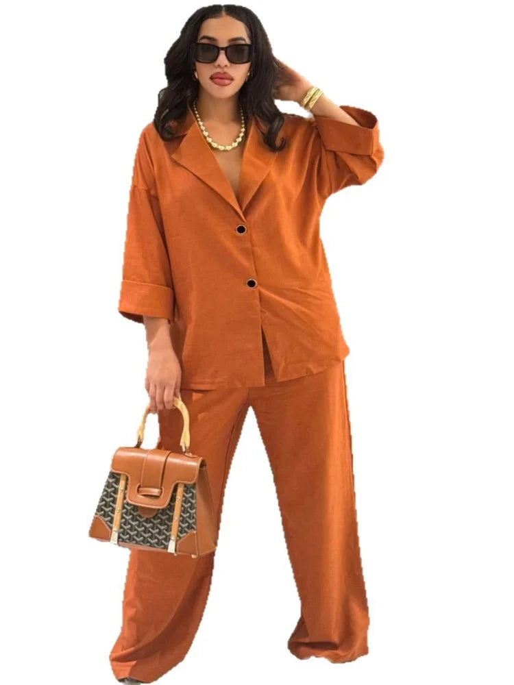 Wmstar-Conjunto de dos piezas para mujer, camisa holgada con solapa de un solo pecho, pantalones de pierna recta de cintura alta, traje informal elegante, venta al por mayor