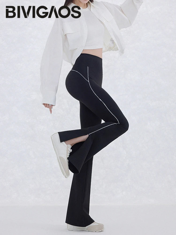 Pantalón Acampanado Curva Raya | Micro Flare Tobillo Dividido | Piel Tiburón Cintura Alta Sexy