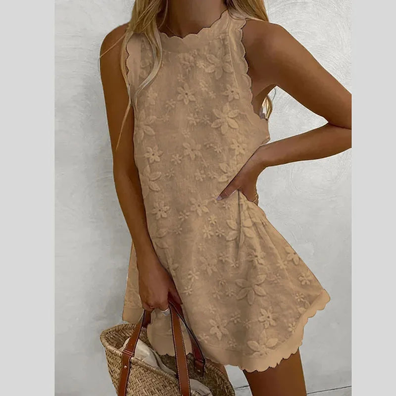Minivestido de Encaje Cuello Redondo para Playa