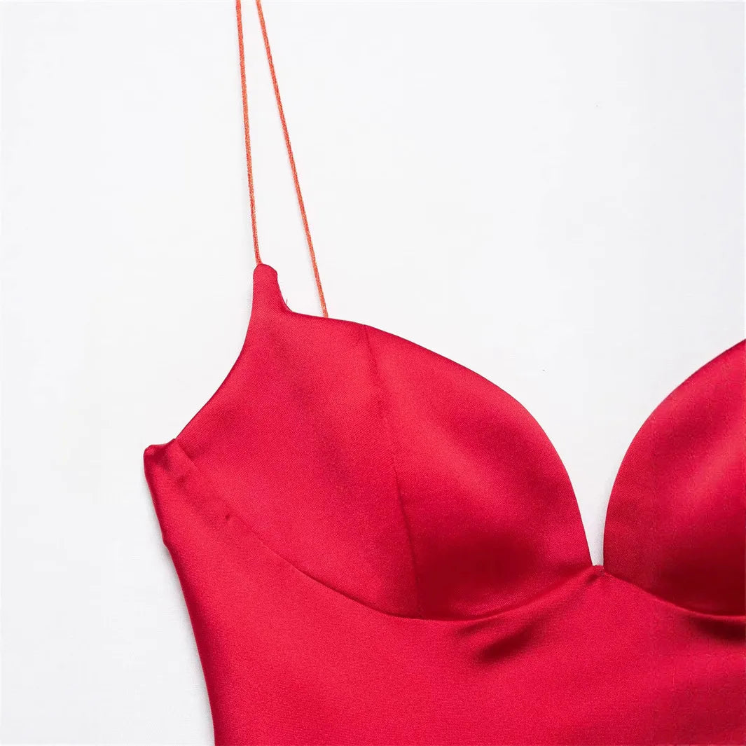 Vestido Rojo Satinado | Cuello en V y Cremallera Trasera | Tropical 2025