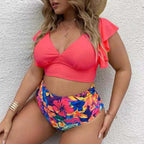 Bikini de Talla Grande con Volantes - Estampado y Tiro Alto para Playa