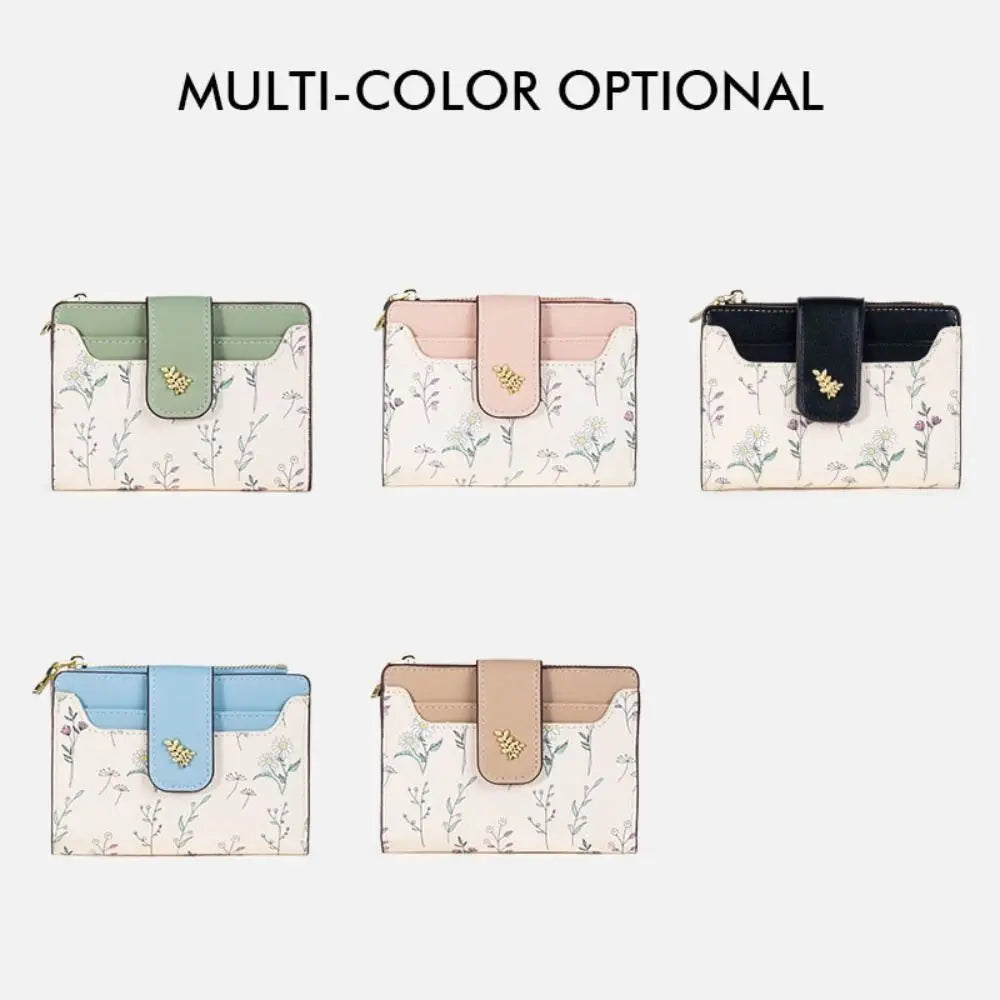 Cartera corta de cuero PU a la moda para mujer, tarjetero con cerrojo y flores pequeñas, cartera pequeña delgada, monedero multitarjetas para niña