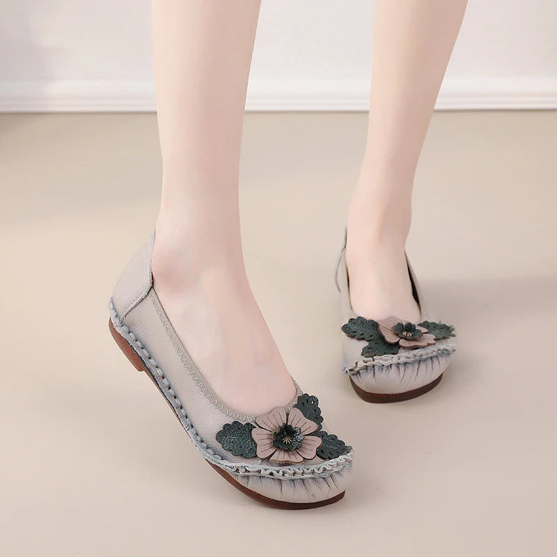 Mocasines Planos Florales de Cuero Genuino | Hechos a Mano | Talla 41 | Estilo Retro
