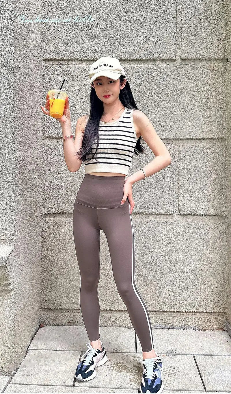 Leggings Piel Tiburón Raya Lateral | Cintura Alta Ajustado Casual | Mallas Deportivas PV | Ticotrendy