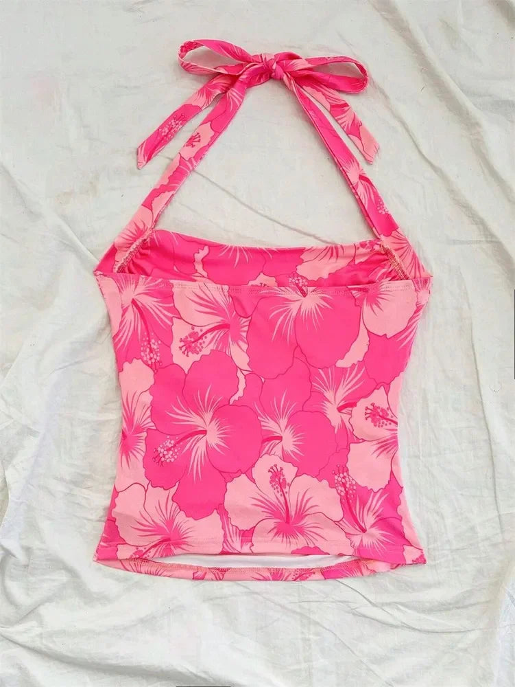 Top corto con cintura fruncida Floral para mujer, Top Sexy con estampado con dibujo de verano, camiseta sin mangas con cuello Halter y espalda descubierta, ropa de calle Y2K