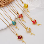 Cadena de acero inoxidable elegante colorido cristal circón tulipán flor colgante collares para mujeres niñas Color oro joyería de moda