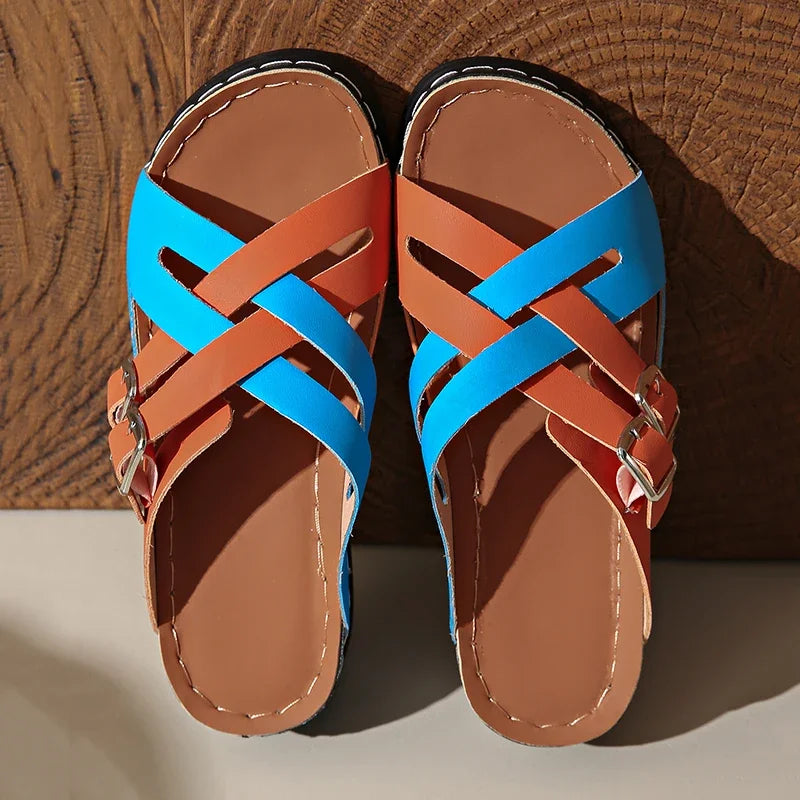 Zapatillas de Cuña con Tiras Cruzadas | Colores Combinados | Suela Suave Antideslizante | Talla 43