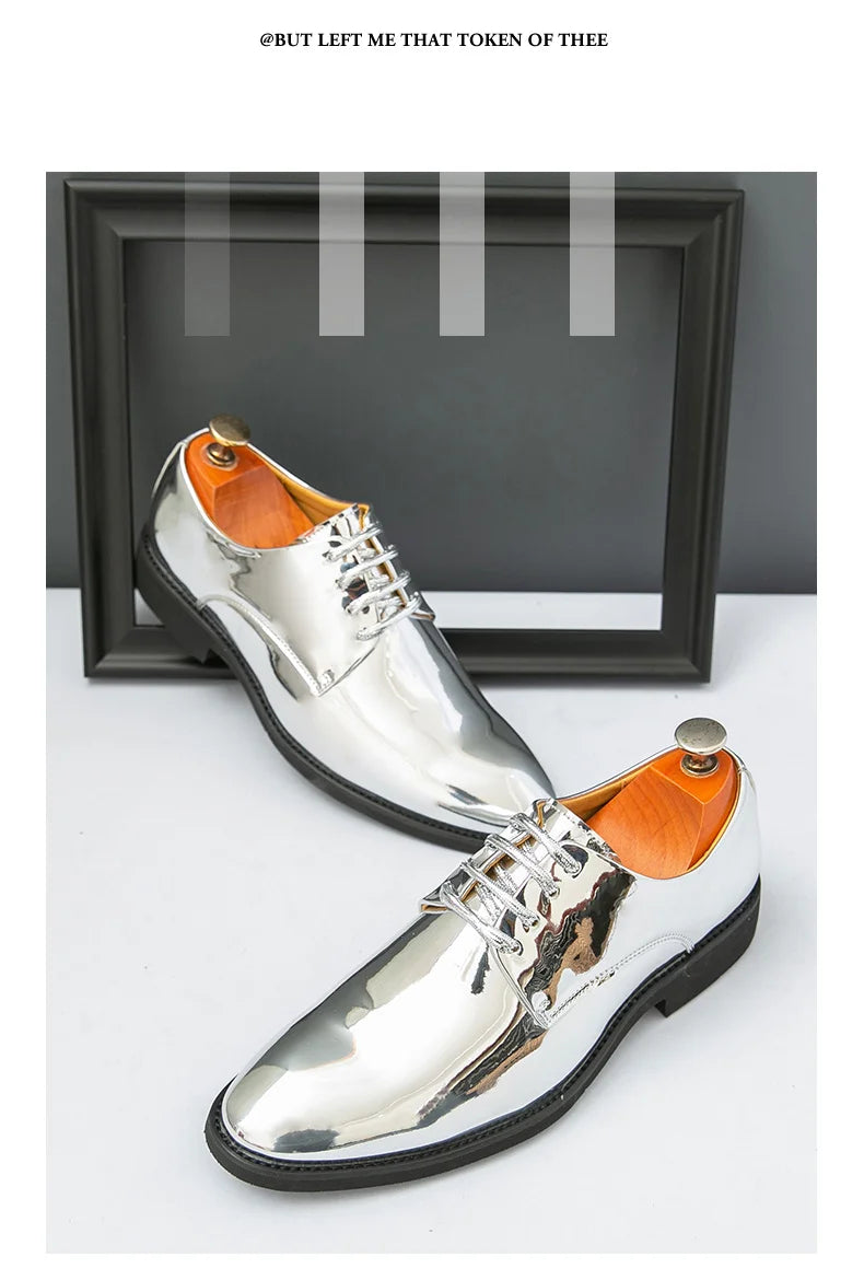 Zapatos Hombre Charol Plateados Lujo Boda Fiesta Punta Puntiaguda | Talla Grande