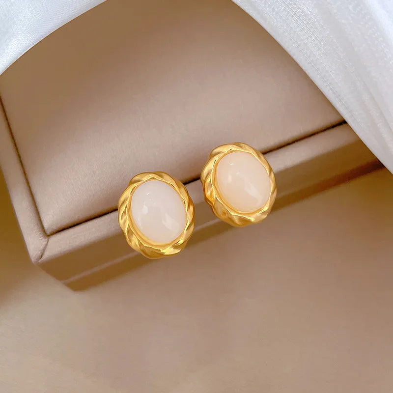 Pendientes ovalados de piedra lunar simples de Color dorado para mujeres y niñas, pendientes de acero inoxidable a la moda, accesorios diarios, regalos de joyería