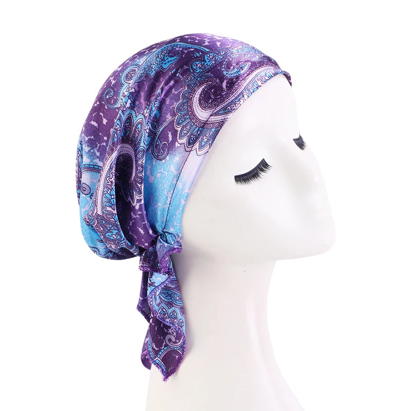 Turbante de satén preatado para mujer, diadema musulmana con patrón de Cachemira, bufanda para el pelo flexible suave, gorro para quimio, Bandana para envolver la cabeza, 2022