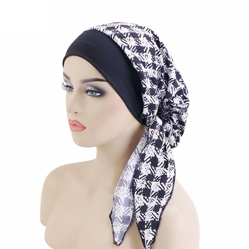 Nuevo pañuelo para la cabeza con estampado satinado para mujer, turbante musulmán elástico preatado, gorro para dormir para quimioterapia, cubierta para la pérdida de cabello, pañuelo para la cabeza