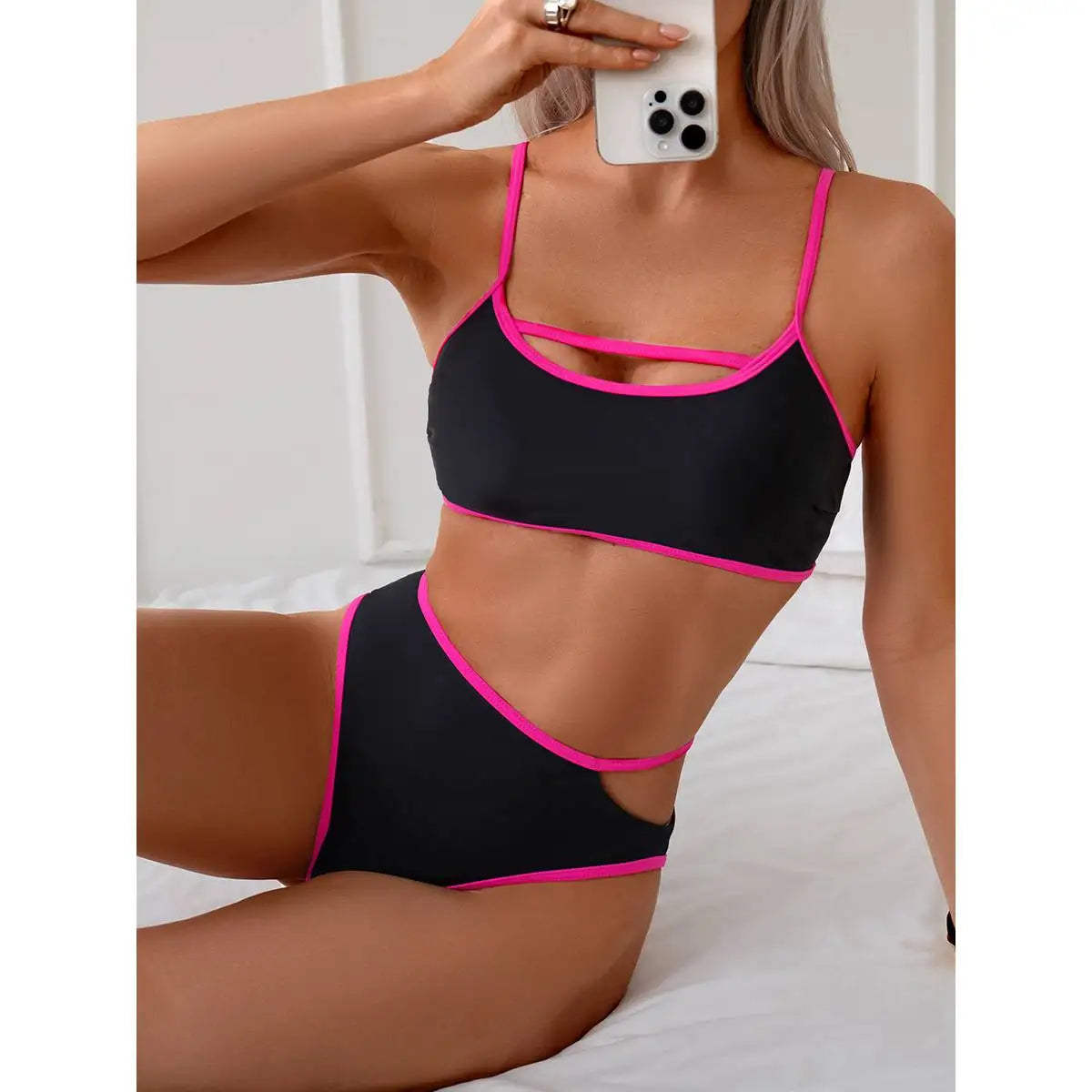 Bikini Sin Espalda Color Bloqueado Sexy - Traje de Baño 2025
