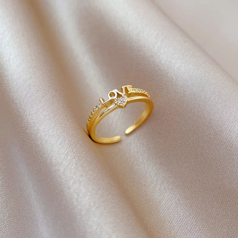 Anillos con letras de amor de circón chapado en oro de 18 quilates para mujeres y niñas, anillo de cobre abierto ajustable dulce, accesorios de joyería, regalos