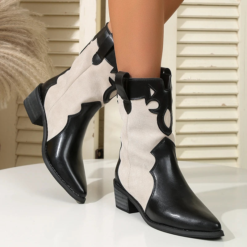 Botines Vaqueros con Punta Estrecha y Tacón Grueso para Mujer