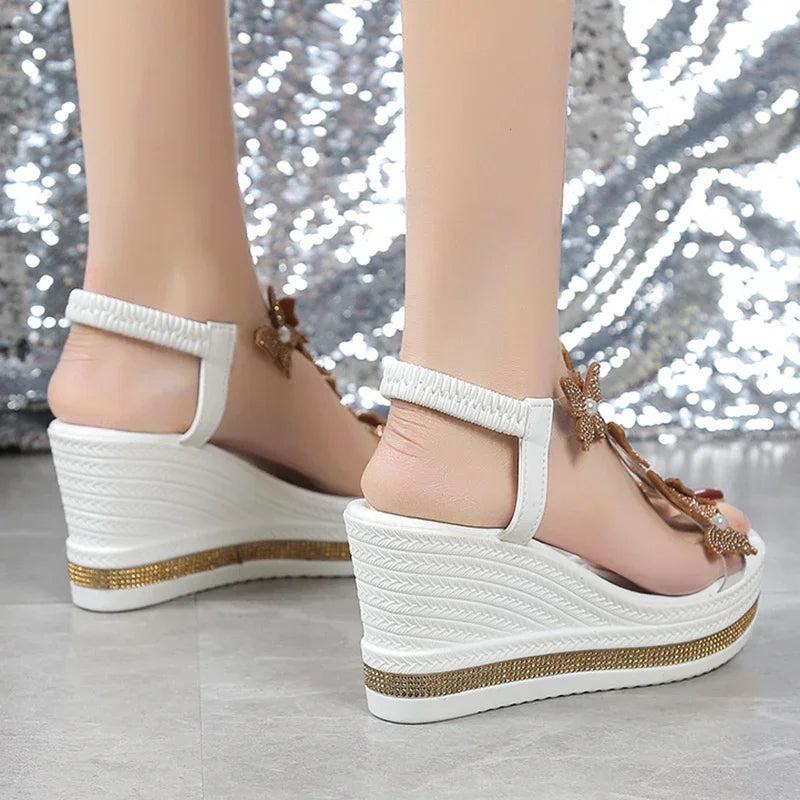Sandalias de cuña de mariposa con cristales a la moda, Sandalias de verano con plataforma gruesa y banda elástica para mujer, Sandalias de tacón alto con perlas 43