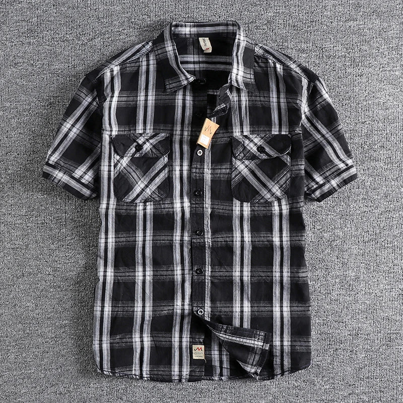 Camiseta Cuadros Vintage Hombre | Algodón Lavado | Dos Bolsillos | Estilo Costa Oeste | Ticotrendy