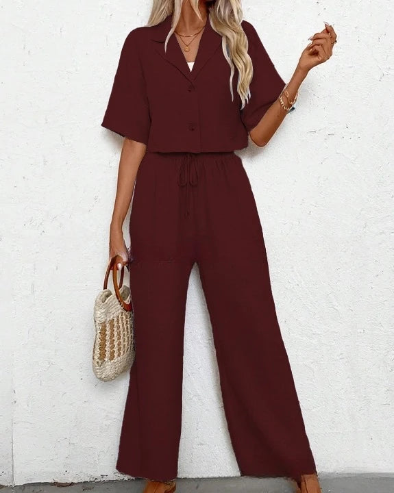 Conjunto Elegante Qxtraf 2025 | Chaqueta con Cuello en V y Pantalones Anchos | Conjunto de 2 Piezass