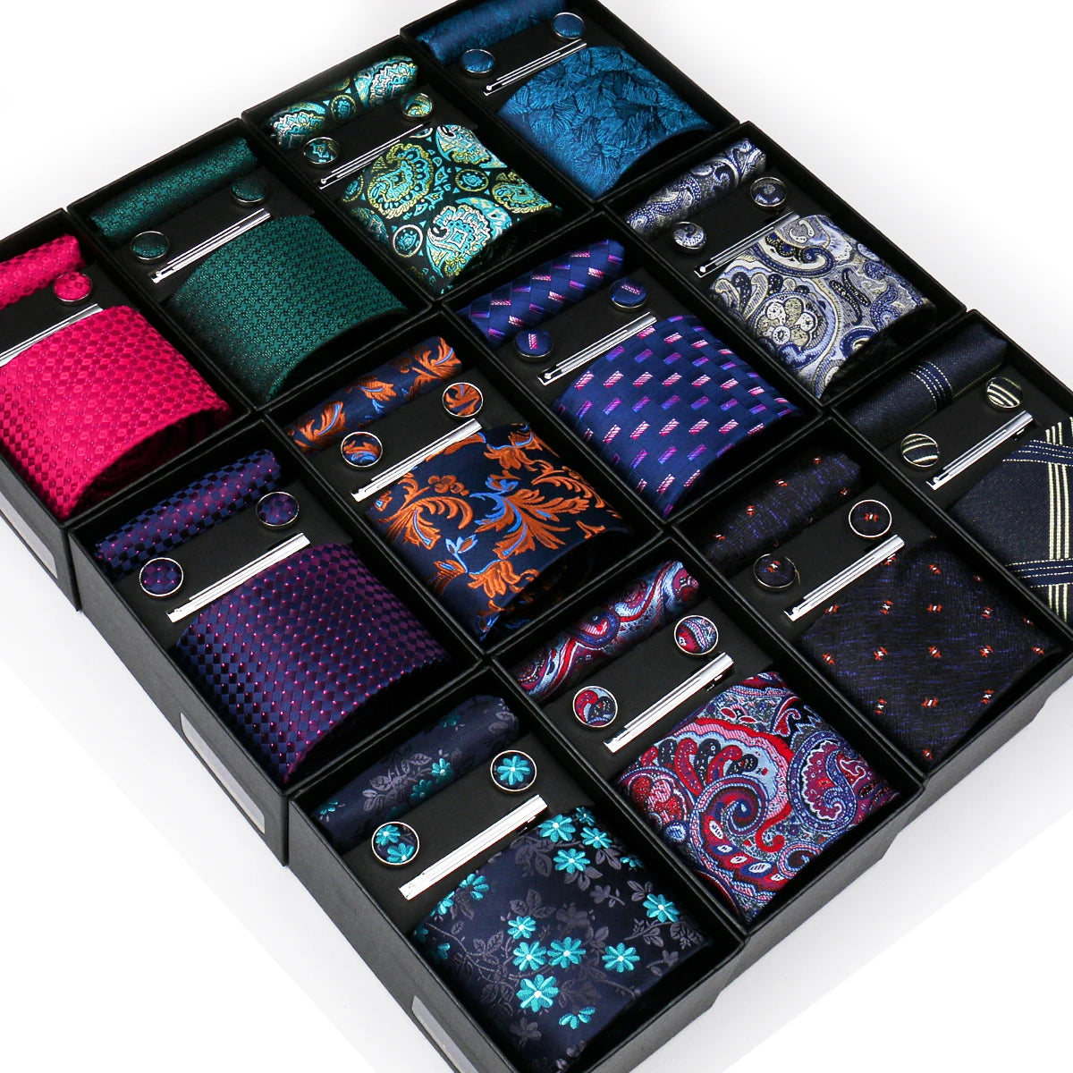 Conjunto de Lujo Corbata Gemelos Clip Pañuelo para Hombres Negocios Boda