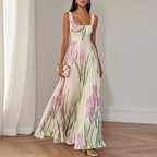 Vestido Largo Bohemio Floral con Cuello Cuadrado y Tirantes Finos
