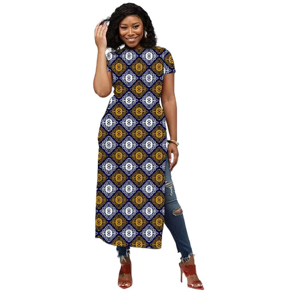 Vestido Africano con Abertura Alta y Manga Corta