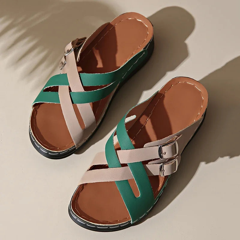 Zapatillas de Cuña con Tiras Cruzadas | Colores Combinados | Suela Suave Antideslizante | Talla 43