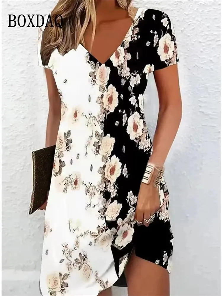 Vestido Veraniego Informal para Mujer | Estampado Floral Bohemio | Cuello V y Manga Corta | Tico Trendy