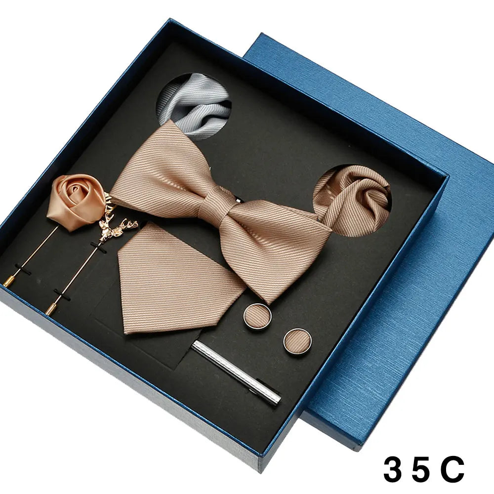 Set de Lujo Corbata Pajarita Pañuelo Gemelos Estilo Tico Elegante