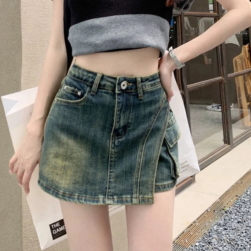 Falda Mini Vaquera Acampanada Estilo Retro Y2K | Cintura Imperio Bolsillos