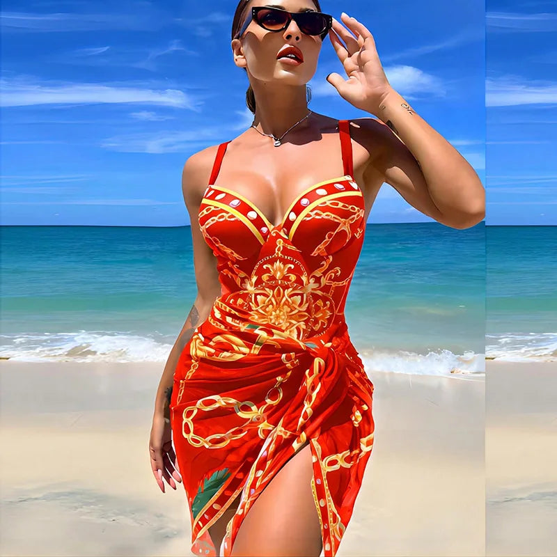 Traje de Baño Push Up con Falda - Estampado de Cadena para Playa y Piscina