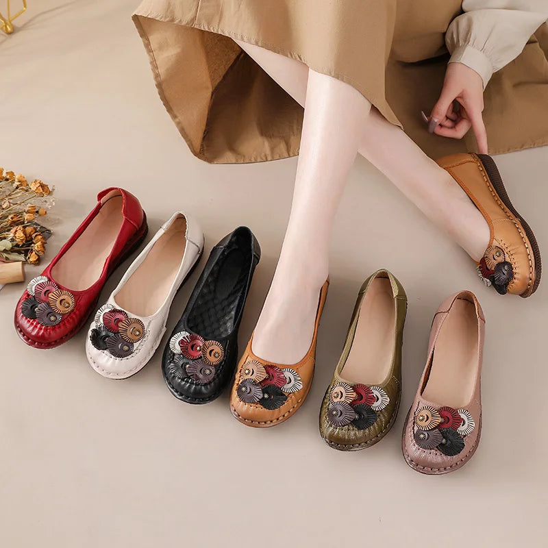 Mocasines Étnicos de Cuero Genuino para Mamá | Punta Redonda | Antideslizantes | Verano 2025