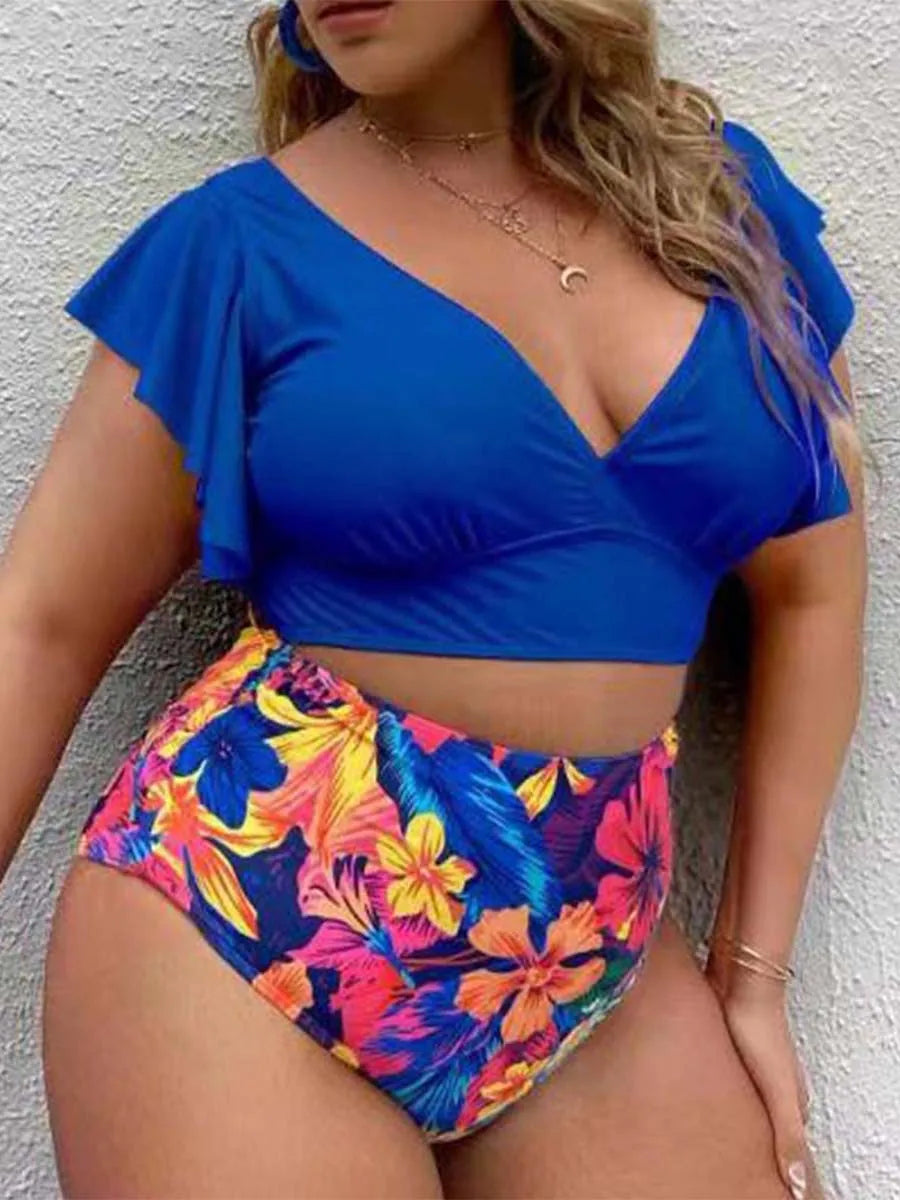 Bikini de Talla Grande con Volantes - Estampado y Tiro Alto para Playa