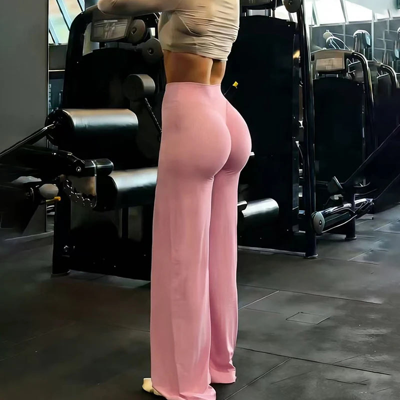 Mallas de pierna ancha para entrenamiento de gimnasio para mujer, pantalones de Yoga sueltos con Control de barriga de cintura alta, pantalones deportivos rectos para levantamiento de cadera gris