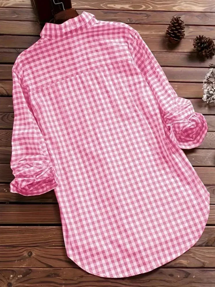 Camisa de Lino y Algodón a Cuadros Plus Size | Manga Larga Cuello V | Tallas 1XL-5XL | Tico Trendy