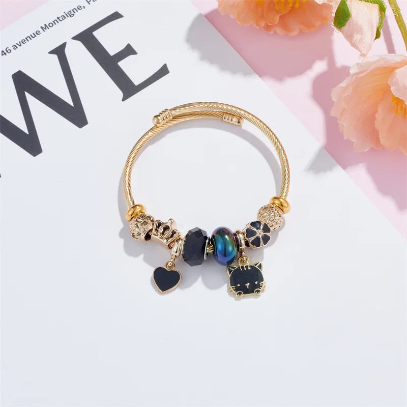 Pulseras con dijes de corona de flor de gato para mujeres y niñas, brazalete de acero inoxidable de Color dorado, accesorios dulces, joyería, regalo de Navidad