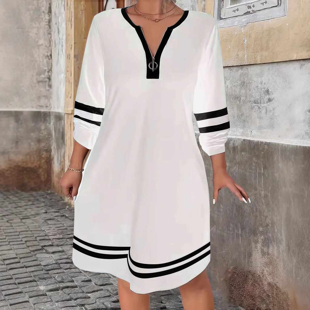 Vestido Negro con Cremallera y Cuello V | Elegante Holgado de Gran Tamaño | Manga Larga | Tico Trendy