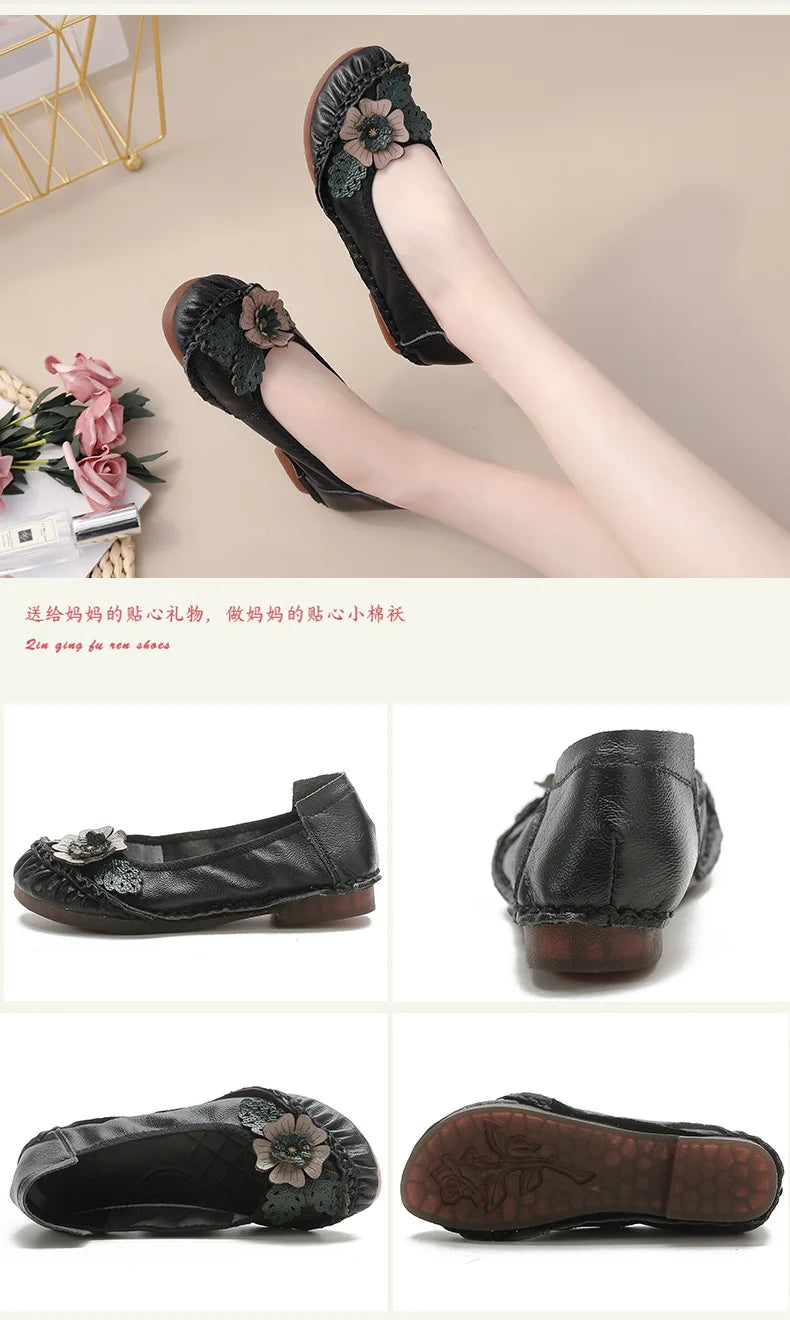 Mocasines Planos Florales de Cuero Genuino | Hechos a Mano | Talla 41 | Estilo Retro