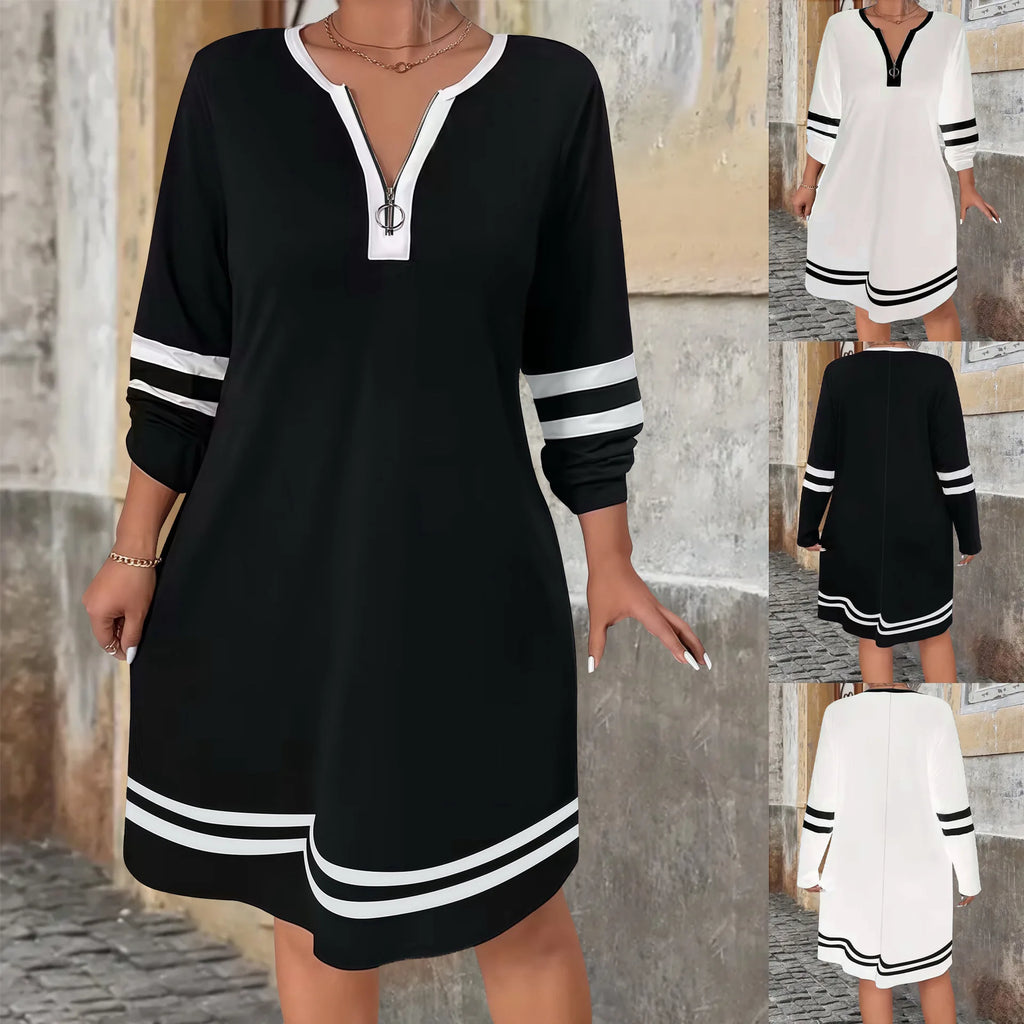 Vestido Negro con Cremallera y Cuello V | Elegante Holgado de Gran Tamaño | Manga Larga | Tico Trendy