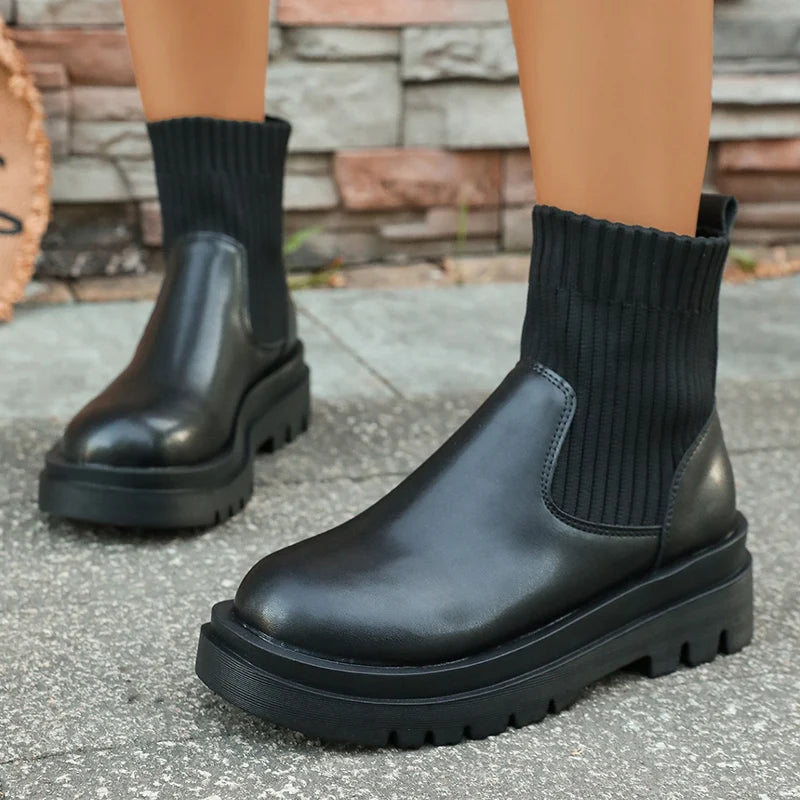 Botas Chelsea De Plataforma Mujer | Tacón Alto Cuadrado Impermeable | Estilo Leisure PU