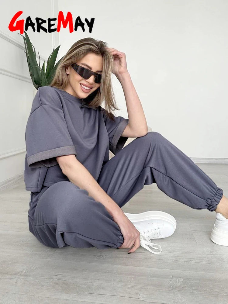 Conjunto 2 Piezas Algodón Oversize | Top y Pantalón Casual | Gris/Blanco | Verano 2025 | Ticotrendy