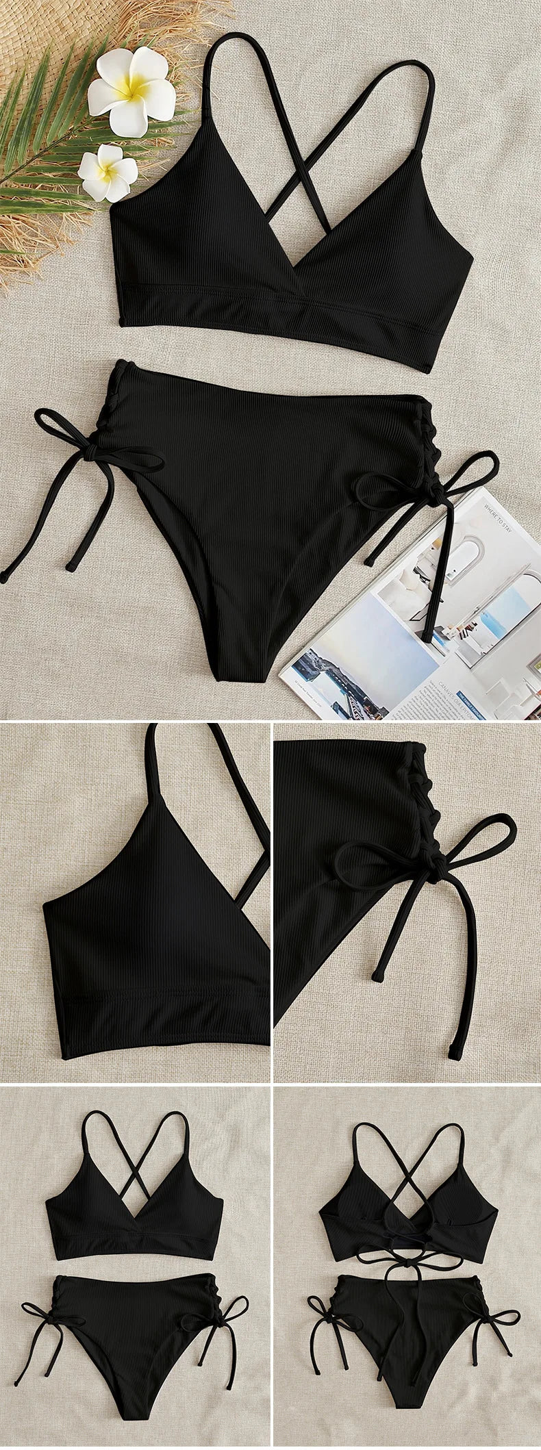 Bikini con Cordones y Cuello en V Profundo - Triangulares