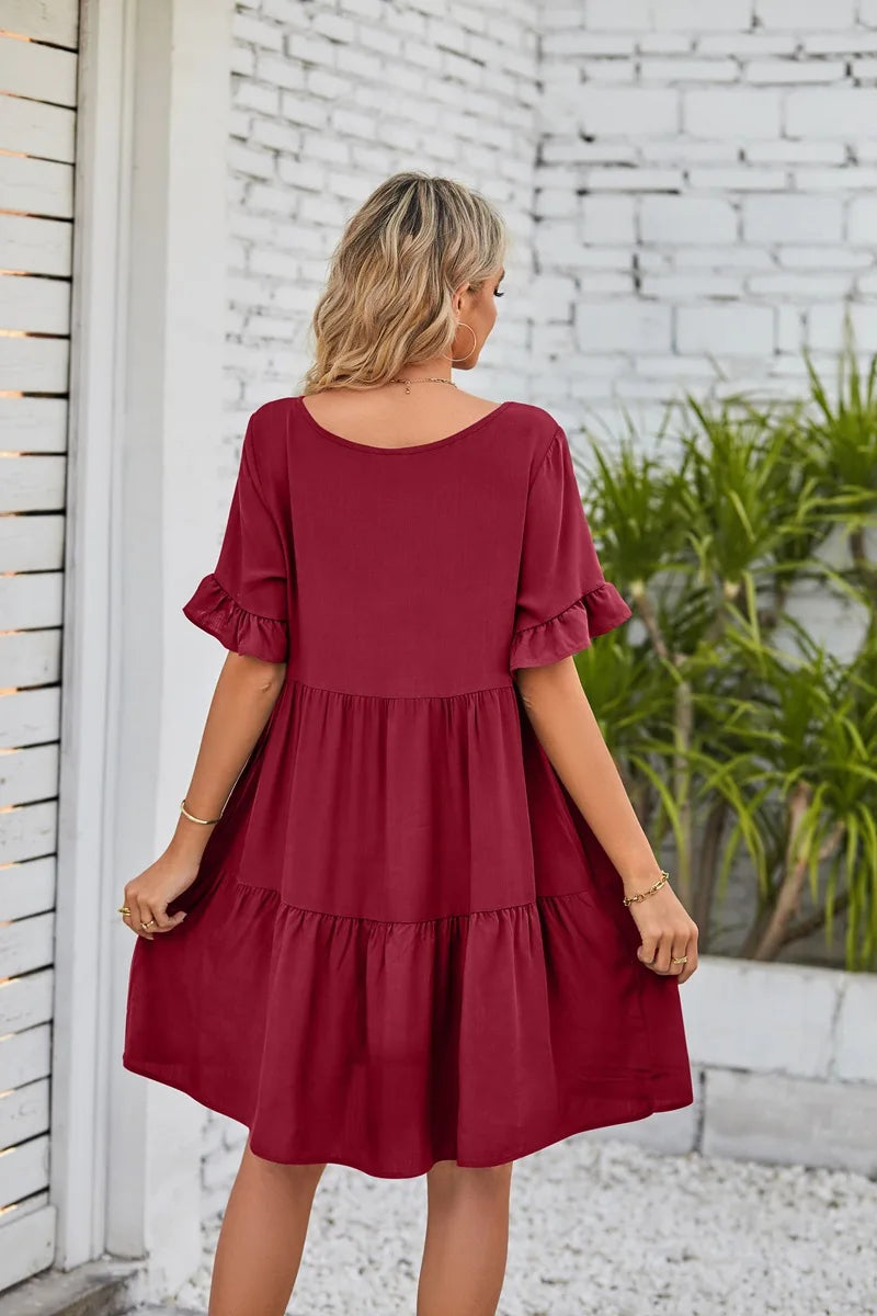 Vestido Midi de Playa | Algodón Liso Cuello V | Mangas Cortas con Volantes | Tico Trendy