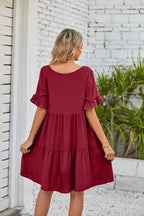 Vestido Midi de Playa | Algodón Liso Cuello V | Mangas Cortas con Volantes | Tico Trendy