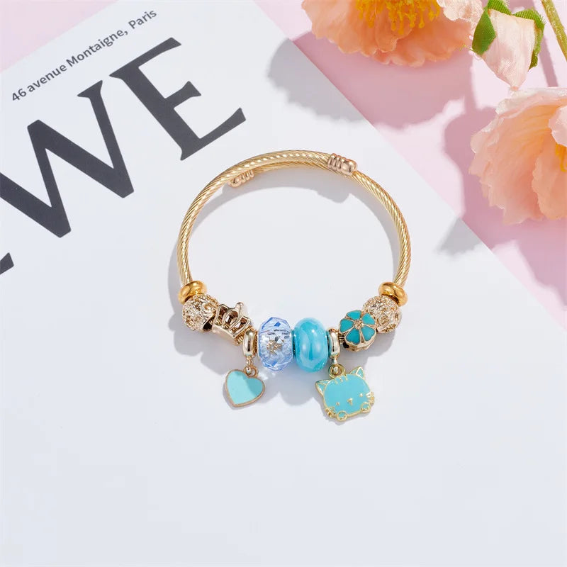Pulseras con dijes de corona de flor de gato para mujeres y niñas, brazalete de acero inoxidable de Color dorado, accesorios dulces, joyería, regalo de Navidad