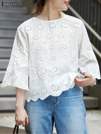 Elegante Blusa de Verano Bohemio Manga Tres Cuartos con Huecos