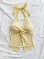 Top amarillo con cuello en V y cuello Halter para mujer, ropa Y2K de verano, Top corto Sexy sin mangas y espalda descubierta, ropa de calle
