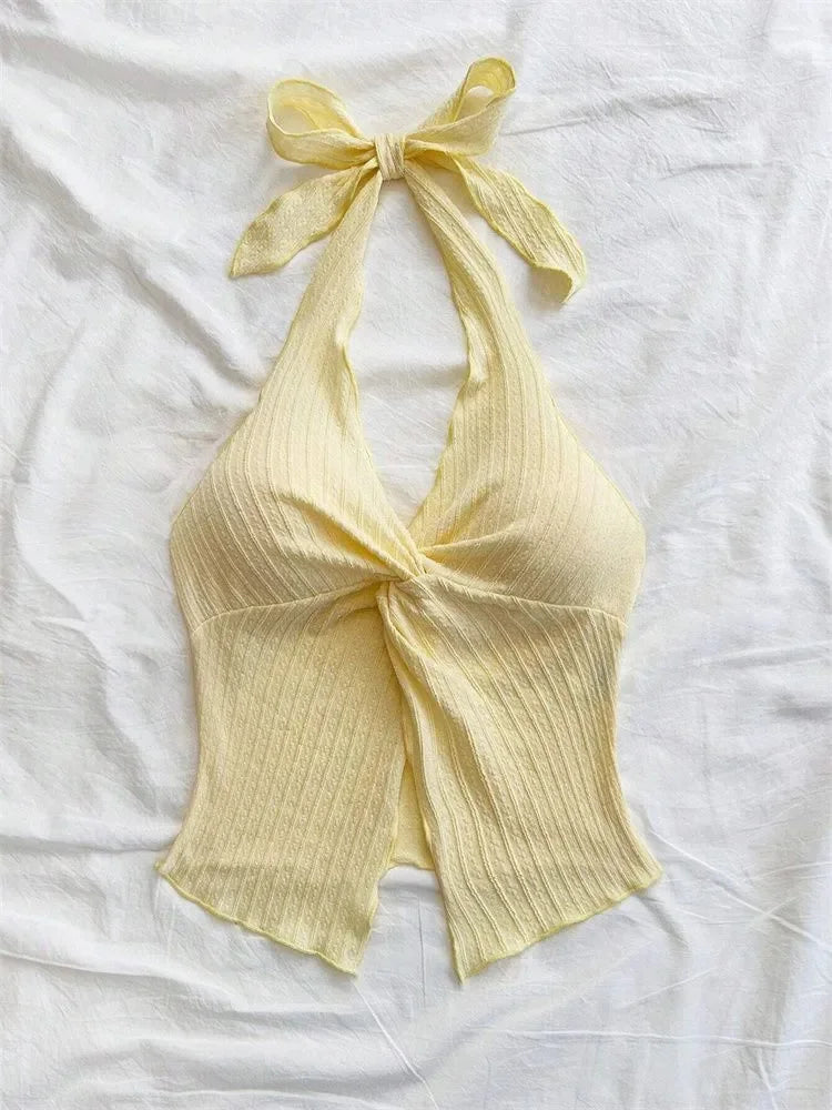 Top amarillo con cuello en V y cuello Halter para mujer, ropa Y2K de verano, Top corto Sexy sin mangas y espalda descubierta, ropa de calle
