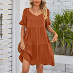 Vestido Midi de Playa | Algodón Liso Cuello V | Mangas Cortas con Volantes | Tico Trendy
