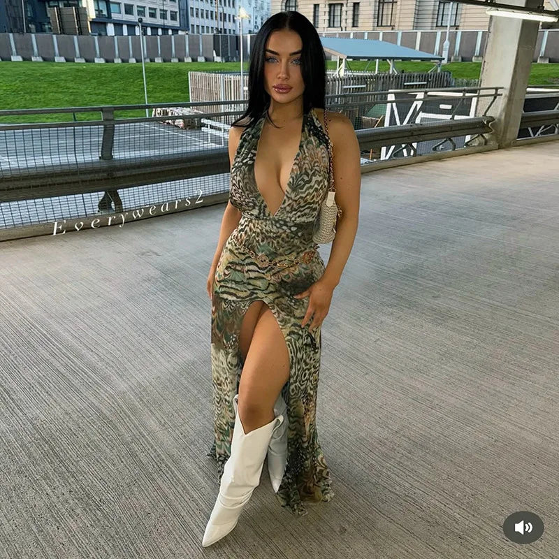 Vestido largo elegante con estampado abstracto para mujer, falda larga dividida con escote en V profundo y espalda descubierta, vestido informal de estilo francés a la moda de verano