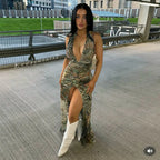 Vestido largo elegante con estampado abstracto para mujer, falda larga dividida con escote en V profundo y espalda descubierta, vestido informal de estilo francés a la moda de verano