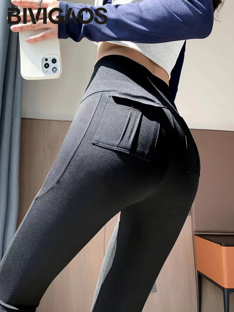 Leggings Piel Tiburón Cargo | Cintura Alta Elástico Sexy | Bolsillo Fitness Deporte PV | Ticotrendy